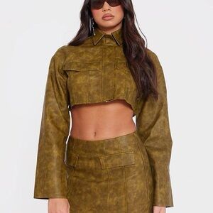 Olive Green Cropped Jacket and Skirt Set